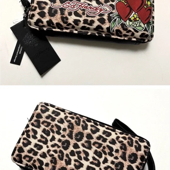 Ed Hardy  NWT Tattoo Heart Love Leopard Animal Print Wristlet Wallet Phone Case - Picture 3 of 4